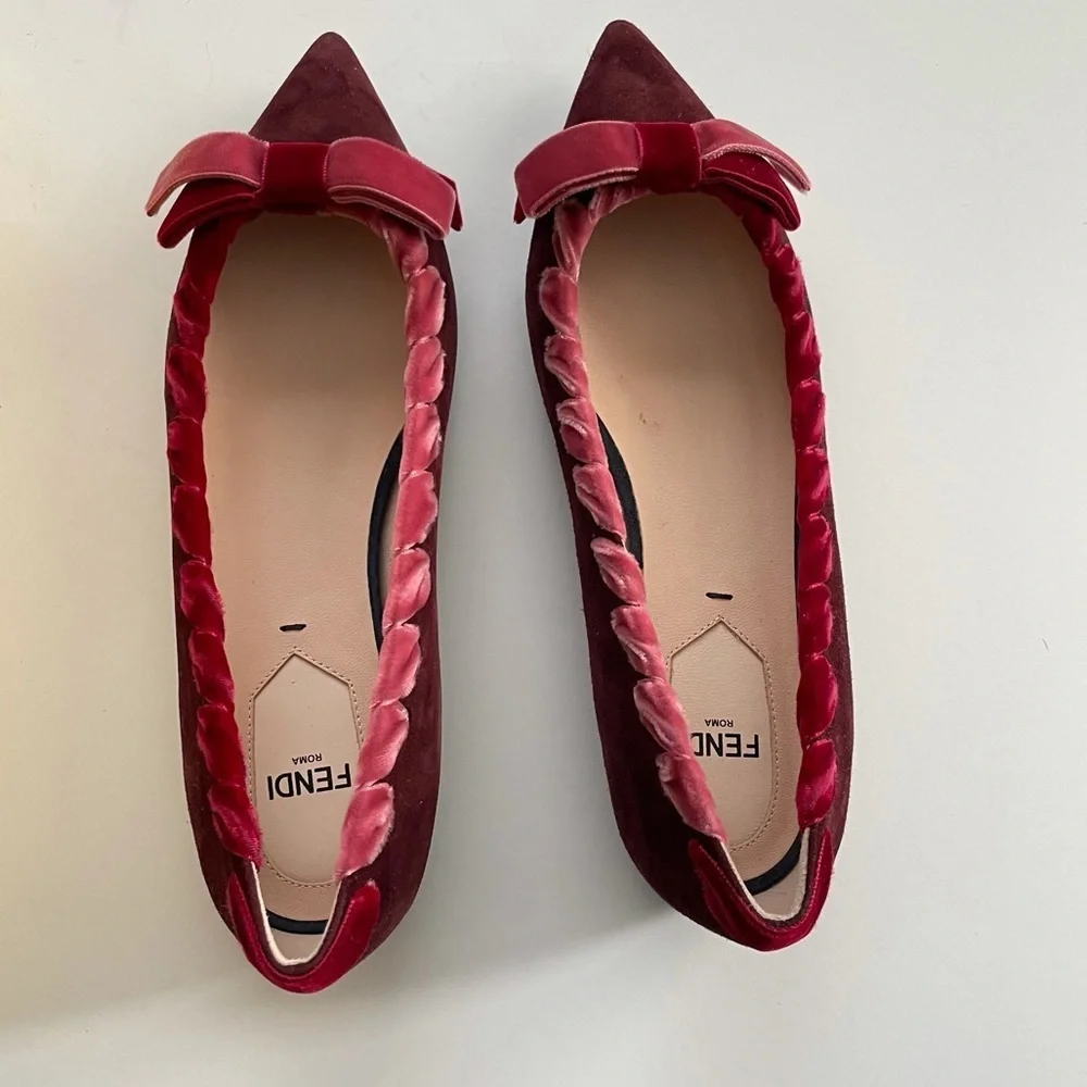 FENDI Velvet-trimmed suede point toe flats 35.5 burgundy wine red ribbon laced